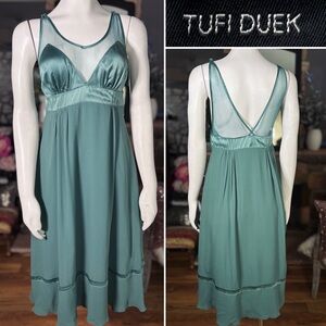 Tufi Duek Green Silk Slip Dress w/ Net & Satin Top, Crepe Lining & Skirt, Sz 4